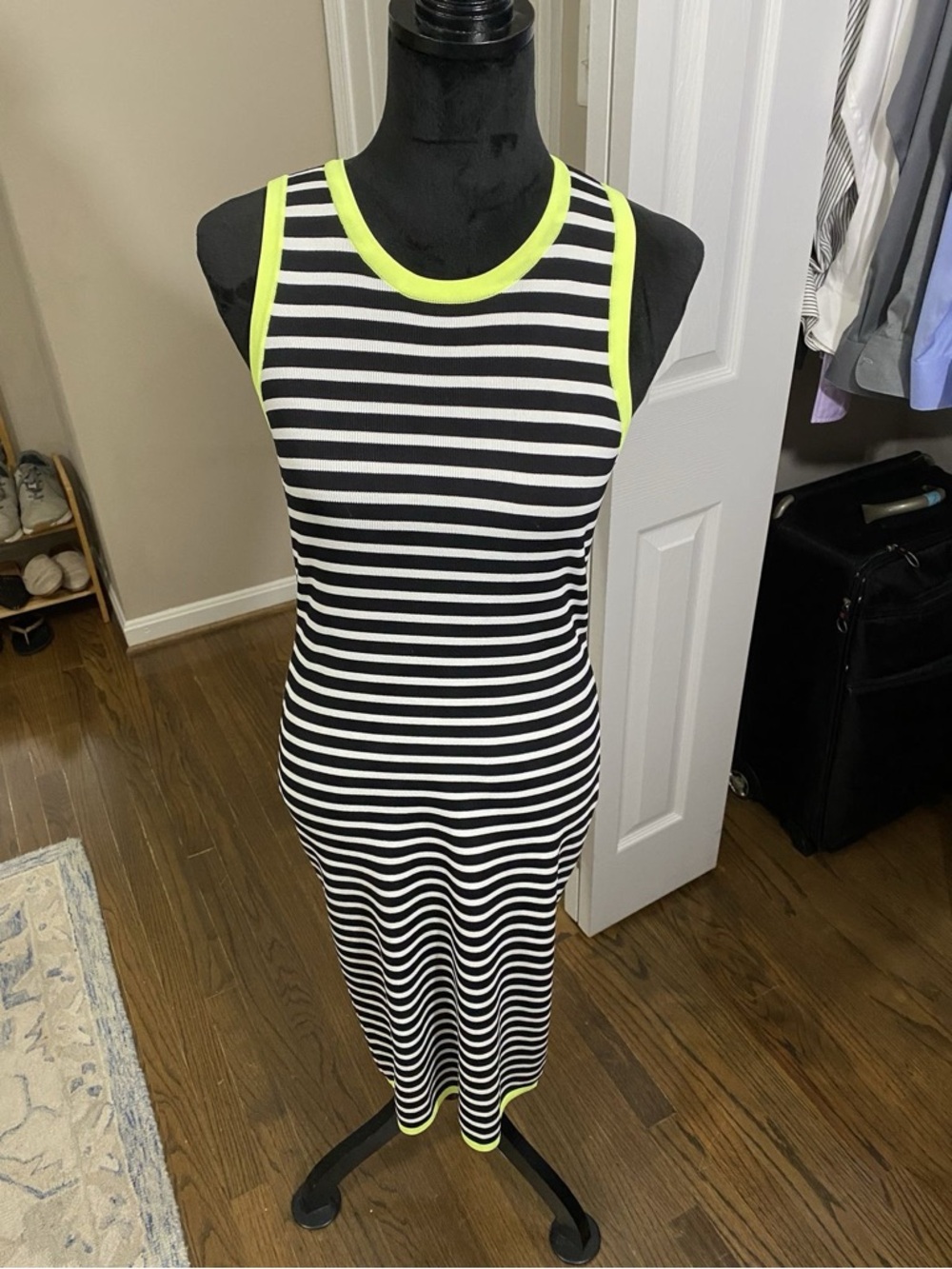 Michael Kors Black and White Striped Tank Midi Dress with Neon Yellow Trim